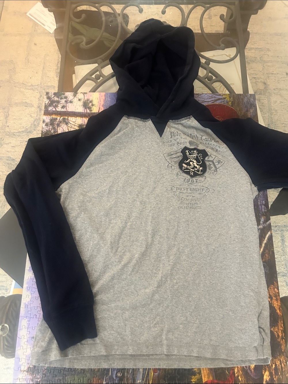 Ralph Lauren Gray Body Navy Raglan Hooded Long Sleeve Tee
